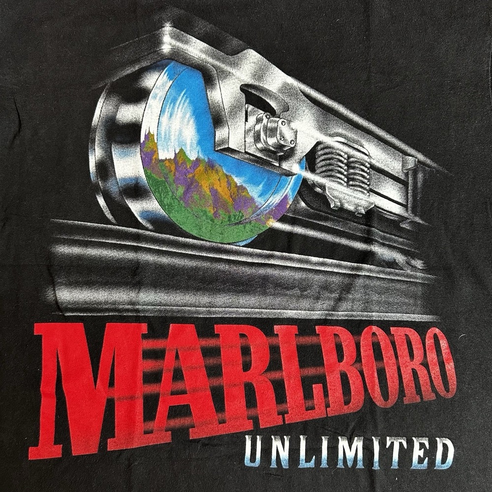 Vintage 90s Marlboro Train Shirt Mens O/S XL Black Cigarettes Pocket Made in USA